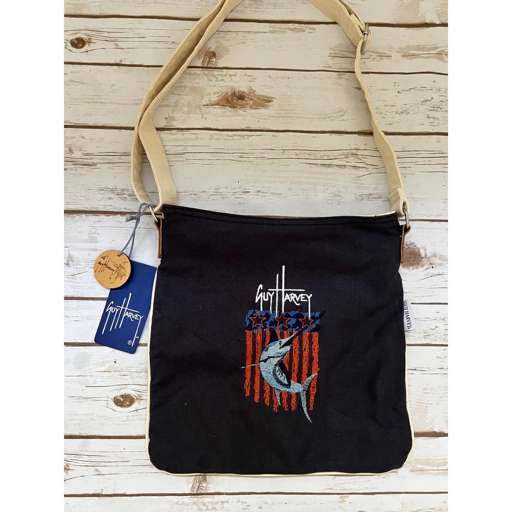 NEW Guy Harvey Crossbody Bag Black Canvas Marlin Flag GH4881B OS